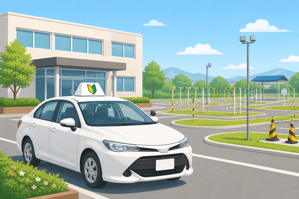 自動車学校の教習車と校舎